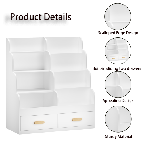Kids Bookshelf with Drawers Front-Facing Toy Organizer White
