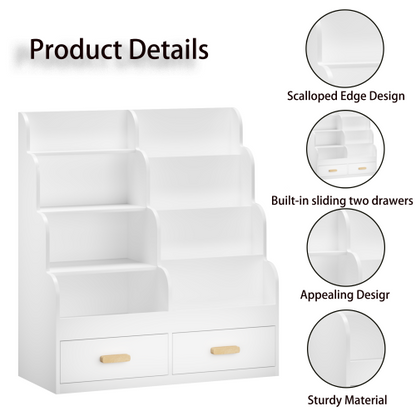 Kids Bookshelf with Drawers Front-Facing Toy Organizer White
