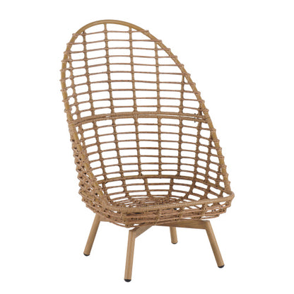 Ellis Outdoor Wicker High-back Swivel Lounge Chair, Teak Finished Leg, Light Brown Faux Rattan and Beige Cushion
