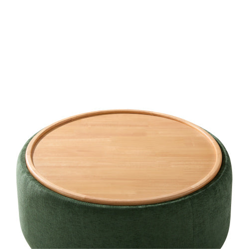 29 Inch Green Chenille Round Storage Ottoman, Reversible Tray Lid Ottoman with Rubberwood Base, No Assembly Needed