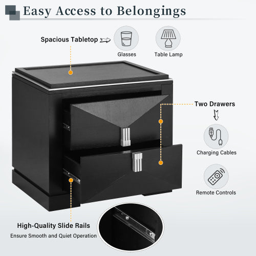 Mid-Century Modern Nightstand, 2 Drawers Wide Sofa Side Table,Wood Diamond Shaped End Table with Storage,Closet with Heavy Duty Base,Small Bedside Table for Bedroom,Living Room,Entrance,Black