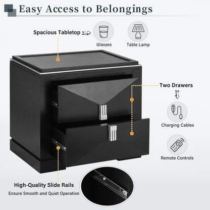 Mid-Century Modern Nightstand, 2 Drawers Wide Sofa Side Table,Wood Diamond Shaped End Table with Storage,Closet with Heavy Duty Base,Small Bedside Table for Bedroom,Living Room,Entrance,Black