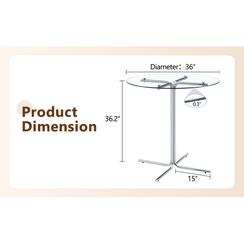 Round glass bar high table, 36 inch round bar table, tempered glass tabletop, sturdy silver chrome plated four column support, suitable for transparent round bar tables in small spaces, kitchens