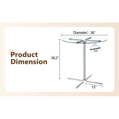 Round glass bar high table, 36 inch round bar table, tempered glass tabletop, sturdy silver chrome plated four column support, suitable for transparent round bar tables in small spaces, kitchens