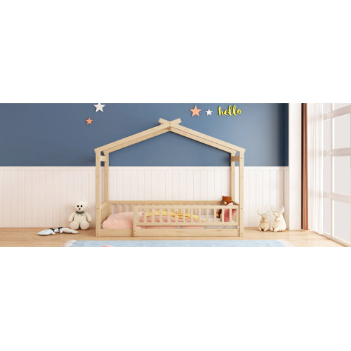 Twin Size Wood Bed House Bed Frame with Fence, for Kids, Teens, Girls, Boys,Natural