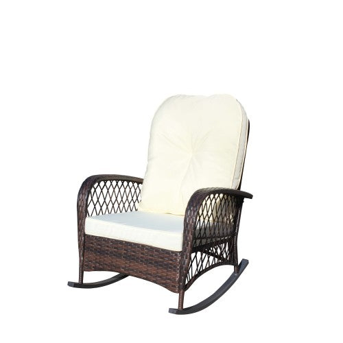 Outdoor Wicker Rocking Chair with Wide Seat, Thick, Soft Cushion, Rattan Rocker w/Steel Frame, High Weight Capacity for Patio, Garden, Backyard, Beige Cushion