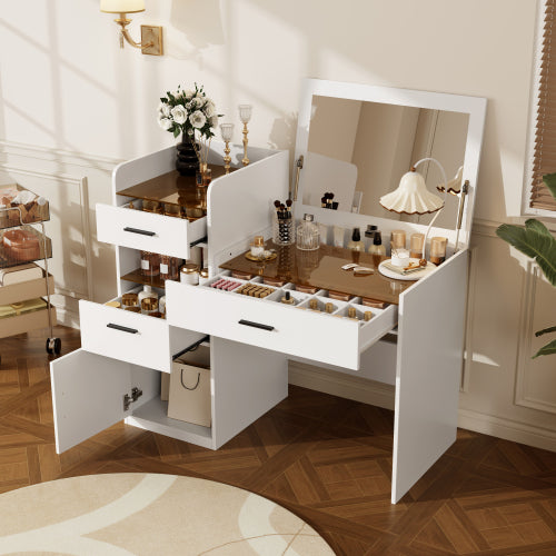 White 3in1 Flip-Top Vanity Desk, Amber Glass Top, Adjustable Dividers, Hidden Storage Cabinet