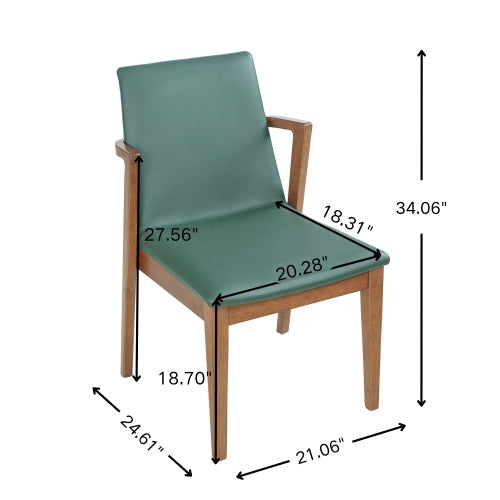 Set of 2 Mid-Century Green PU Arm Dining Chairs, Walnut Rubber Wood Frame 250lbs Capacity