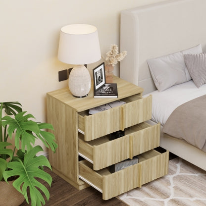 Vertical Stripe 3 Drawer Vintage Nightstand with Storage, Natural Finish