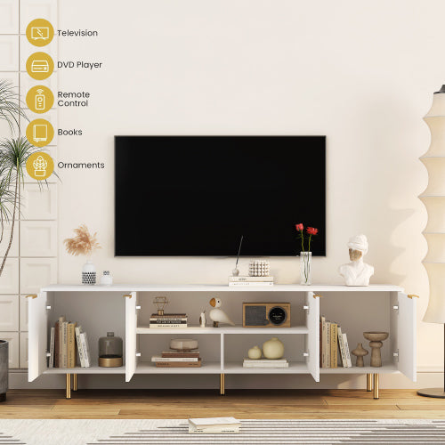 White Fluted 68 inch TV Stand with Storage Cabinets and Gold Legs