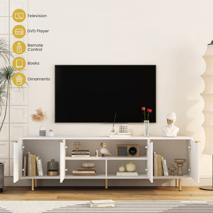 White Fluted 68 inch TV Stand with Storage Cabinets and Gold Legs