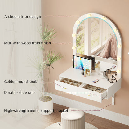 White Floating Wall Mounted Vanity Desk with LED Mirror, 3 Color Lights, Power Outlet & USB, Large Storage