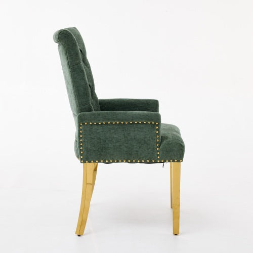 Tufted Chenille Dining Armchair with Nailhead Trim and Steel Legs, Olive Green