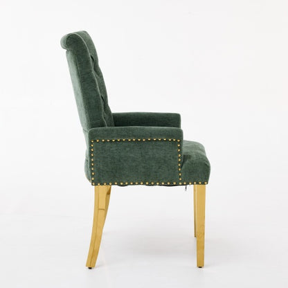 Tufted Chenille Dining Armchair with Nailhead Trim and Steel Legs, Olive Green