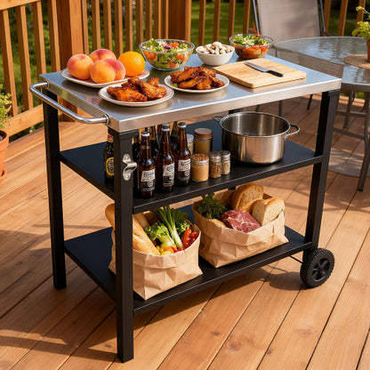 3-Tier Outdoor Grill Cart with Stainless Steel Top, Movable BBQ Prep Table with Wheels, Rolling Serving Bar Cart for Patio, Backyard, Pizza Oven Stand, Black