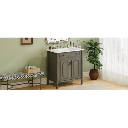 31" Vintage Bathroom Vanity with Sink, Rustic Bathroom Cabinet with Soft Close Doors and Adjustable Shelf, Curved Profile Design, Rubber Wood Legs, Gray