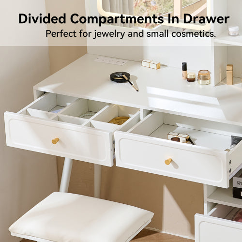 White Expandable Vanity Desk with LED Lighted Mirror, Adjustable Position Side Cabinet, Power Strip & Storage Drawers