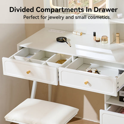 White Expandable Vanity Desk with LED Lighted Mirror, Adjustable Position Side Cabinet, Power Strip & Storage Drawers