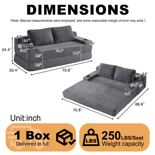 70.8-inch corduroy two-in-one sofa bed, featuring a lounge chair with two throw pillows, built-in cup holders in the armrests, and side storage pockets-ideal for living rooms, bedrooms, and relaxation