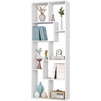 White 5-Tier Asymmetrical Staggered Display Bookshelf, Modern Geometric Space-Saving Home Storage Rack