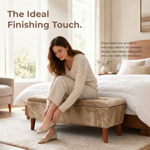 42 Inch Rectangular Linen Ottoman Bench, Solid Wood Tapered Legs, Multi-Use End of Bed & Entryway Shoe Ottoman