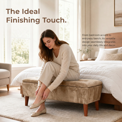 42 Inch Rectangular Linen Ottoman Bench, Solid Wood Tapered Legs, Multi-Use End of Bed & Entryway Shoe Ottoman