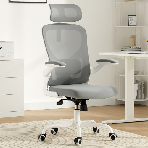 Ergonomic Office Chair, Home Office Desk Chair with Headrest, High Back Computer Chair with Armrests and Adjustable Lumbar Support for Home Office Study Room, White & Gray