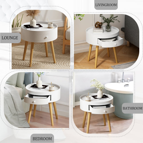 White Nightstand with Drawer & Oak Legs