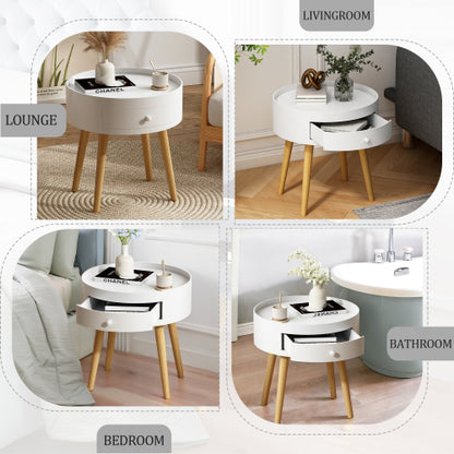 White Nightstand with Drawer & Oak Legs