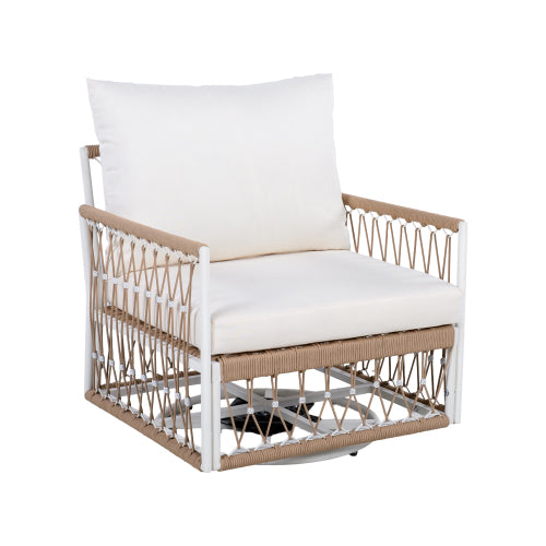 [Set of 2] 360° Swivel Bohemian Outdoor Lounge Chair with Handwoven Rope & Powder-Coated Steel Frame, Waterproof Cushions - Patio, Garden, Poolside