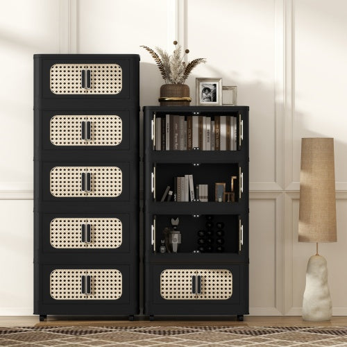 Retro Black 4 Tier Folding Storage Cabinet with Wheels Collapsible Magnetic Door 20 Inch