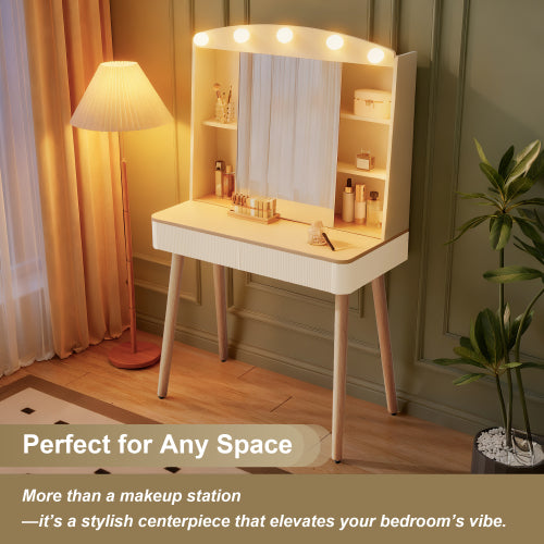 White Small Vanity Desk with Mirror & Lights, Sliding Mirror, 2 Fluted Drawers, 3 Lighting Colors, Natural Wood Accent