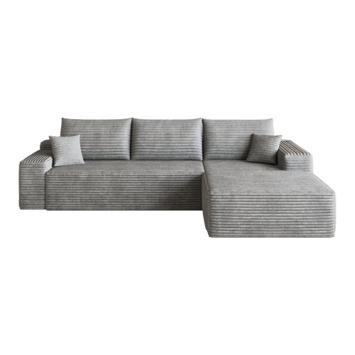107 inch  Grey Plush Corduroy L-Shape Chaise Cloud Modular Sofa, No Assembly