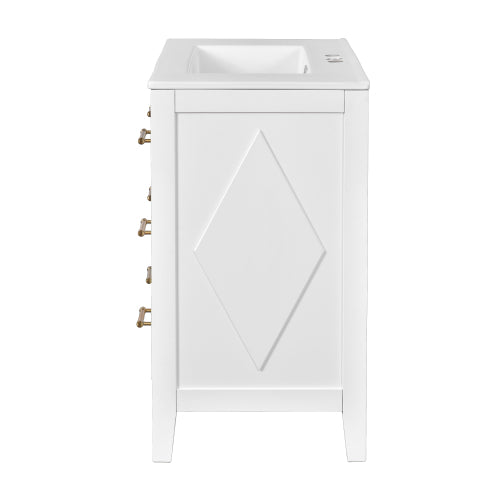 30'' Bathroom Vanity with Ceramic Sink Combo, Free Standing Single Vanity Set with 3 Drawers, Solid Wood Frame Bathroom Storage Cabinet, White