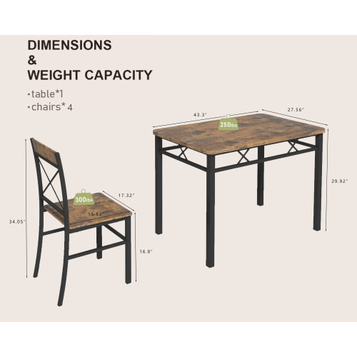 5-Piece Rustic Brown Dining Set, I-Shape Frame & 4 Reclining Chairs