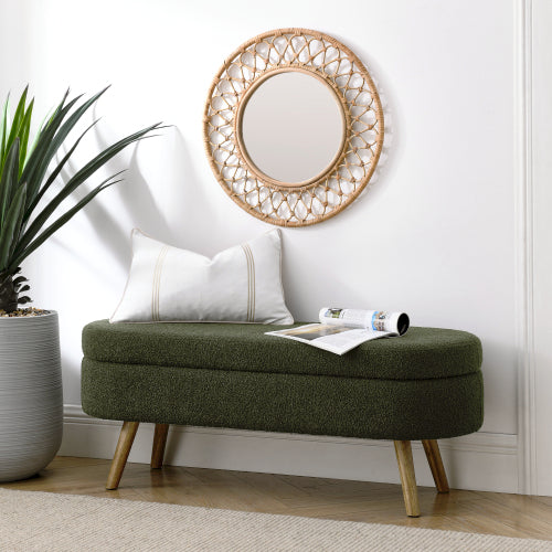 Ottoman Oval Storage Bench,Rubber Wood Legs, Green(43.5inch x16inch x16inch )