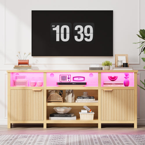 Oak Highboy LED TV Stand with Adjustable Storage Cabinets for 80 Inch TV Entertainment Center