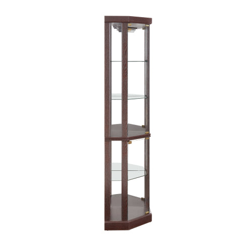 Dark Cherry Corner Lighted Glass Display Cabinet Adjustable Shelf Magnetic Closure Home Wine Collectibles Showcase
