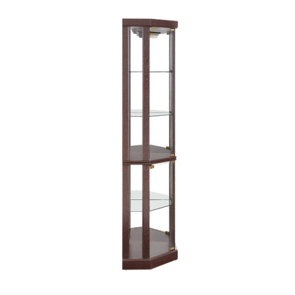Dark Cherry Corner Lighted Glass Display Cabinet Adjustable Shelf Magnetic Closure Home Wine Collectibles Showcase
