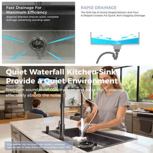 33 Inch Gunmetal Black Waterfall Kitchen Sink with Pull Out Faucet Combo, Workstation Smart Black Drop-in Sink PVD nano, Modern Single Bowl Waterfall Stainless Steel with Various Accessories