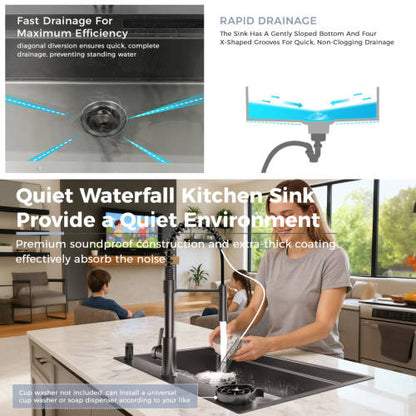 33 Inch Gunmetal Black Waterfall Kitchen Sink with Pull Out Faucet Combo, Workstation Smart Black Drop-in Sink PVD nano, Modern Single Bowl Waterfall Stainless Steel with Various Accessories