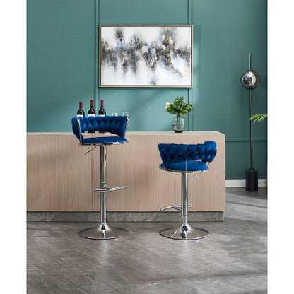 Set of 2 Bar Stools,with Chrome Footrest and Base Swivel Height Adjustable Mechanical Lifting Velvet + Chrome  Leg Simple Bar Stool-BLUE