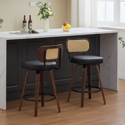 Set of 2 Counter Height Bar Stools - 26 inch Rattan Counter Height Stools with Cane Back, Upholstered Seat, Walnut Craftsmanship, Swivel Counter Stools for Island/Kitchen/Counter/Bar (Walnut Black)