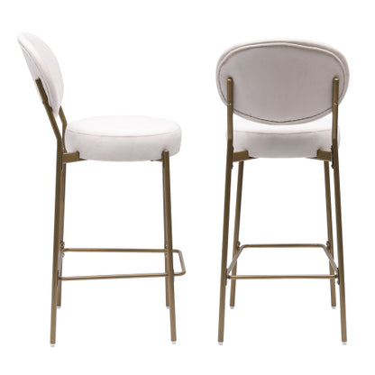 29inch  Upholstered Bar Stools Velvet Counter Stool with Backrest & Footrest Set of 2 Round Dining Chairs for Kitchen(Creamy White)