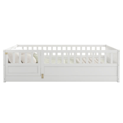 Full size  Floor bed, integral construction with super high security barrier, door, children's floor bed frame, Montessori wooden children's floor bed, white
