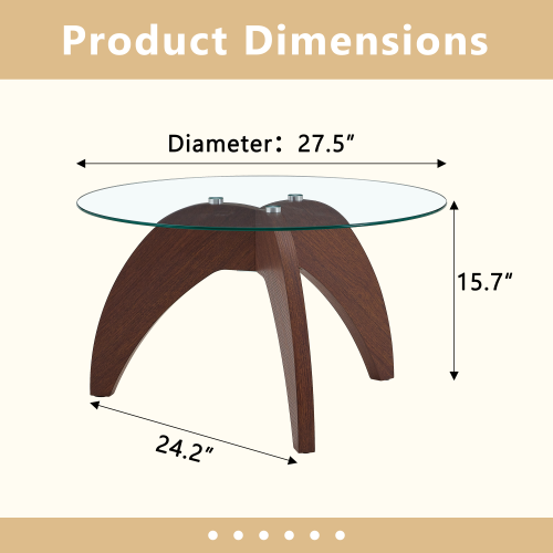Claw Leg Round Glass Coffee Table Walnut MDF 27.5 Inch Load 300 lbs