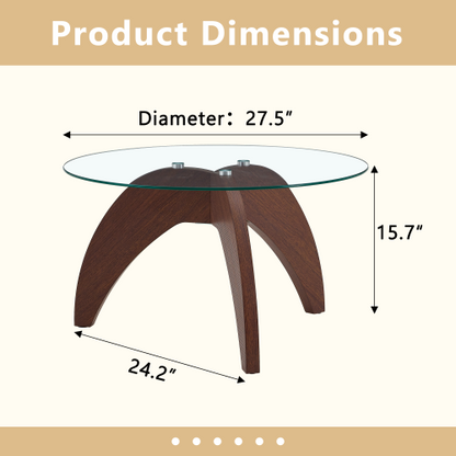 Claw Leg Round Glass Coffee Table Walnut MDF 27.5 Inch Load 300 lbs