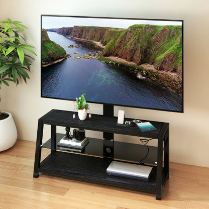Black Swivel TV Stand Mount 30¡ã Rotatable Height Adjustable 3-Tier Tempered Glass Media Console with Power Socket