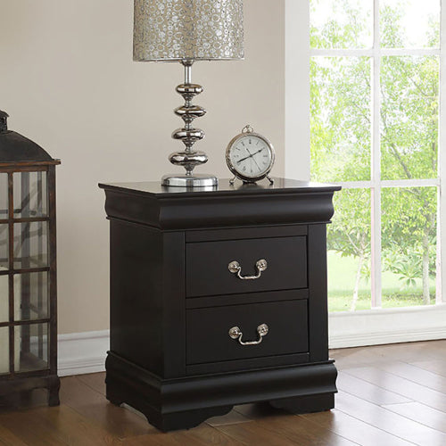 Classic Black 2-Drawer Nightstand with Brushed Nickel Handles, Traditional Bedroom Side Table