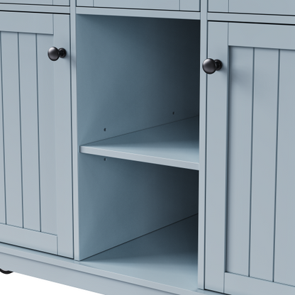 53inch Large Kitchen Island with 2 Bar Stools,Power Outlet,Door Internal Storage Rack,Kitchen Storage Cart on 5 Wheels with Drop Leaf,5 Open Side Racks,3 Drawers,Grey Blue (Three Packages)
